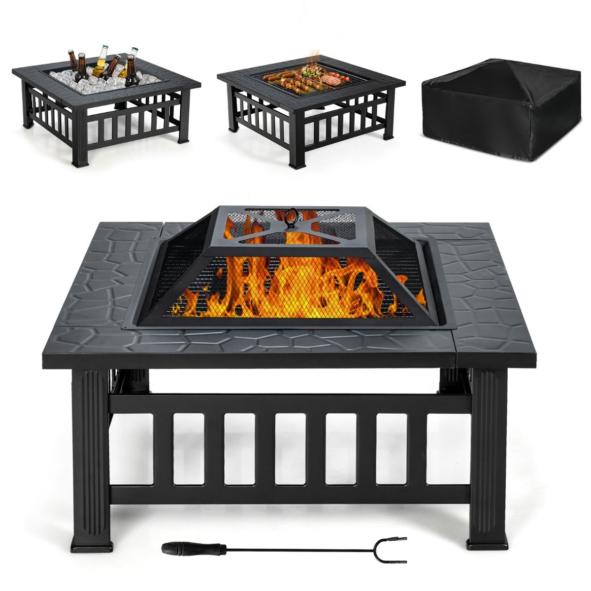 Foyer carré Coast - Table-foyer 3-en-1 - avec grille de barbecue et seau à glace - noir 81 x 81 x 50 cm