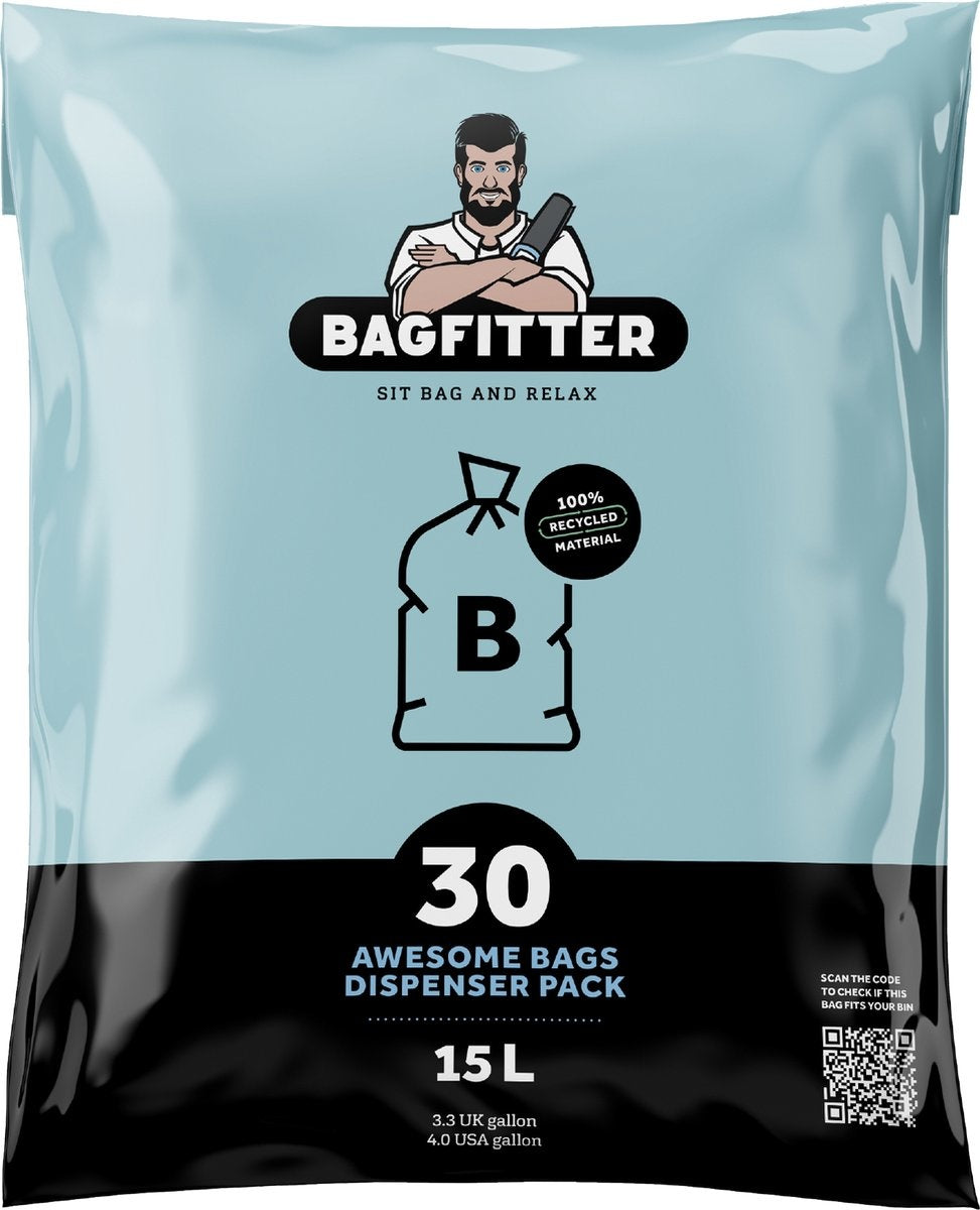 BagFitter Blue B 15L Sac poubelle avec cordon en plastique 100% recyclé - 59,5cm x 40cm - 30 pièces - 15 Liter - Sacs poubelle - Sacs à ordures - Sacs poubelle convenant entre autres à Homra Kick Me 3x15L