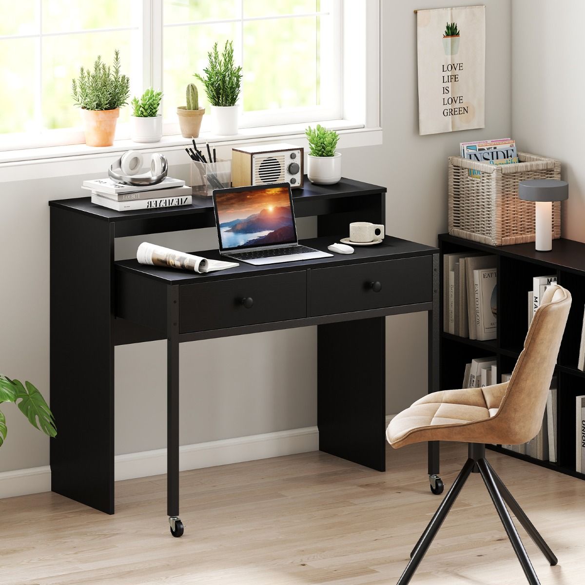 Bureau extensible Coast - avec 2 tiroirs - roulettes verrouillables - noir - 100 x 63 x 88 cm