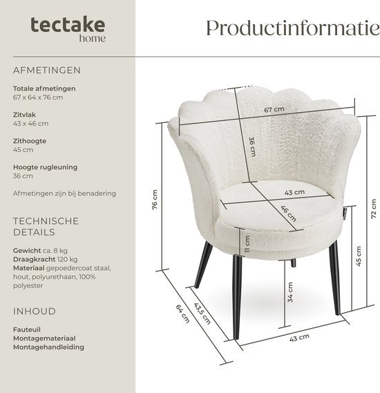 tectake® Fauteuil Stella - Fauteuil avec accoudoir - Chaise de salle à manger confortable - Chaise de cuisine - Rembourrage épais - Pour le salon et la salle à manger - Avec revêtement en fausse fourrure - crème/noir