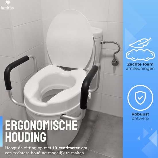Rehausseur de WC Hendriqs® 10 cm avec accoudoirs et couvercle - Rehausseur de WC avec accoudoirs - Siège de WC surélevé - Rehausseur pour adultes et seniors - Siège de toilettes à hauteur réglable - Rehausseur de WC - Siège de WC surélevé