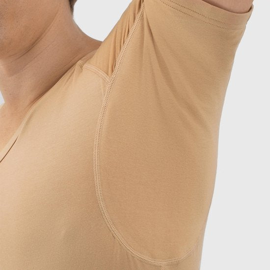Tshirt anti transpiration - Fibershirts® - Coussinets d'aisselles cousus - Maillot de corps - beige - Col en V - Hommes - Taille S