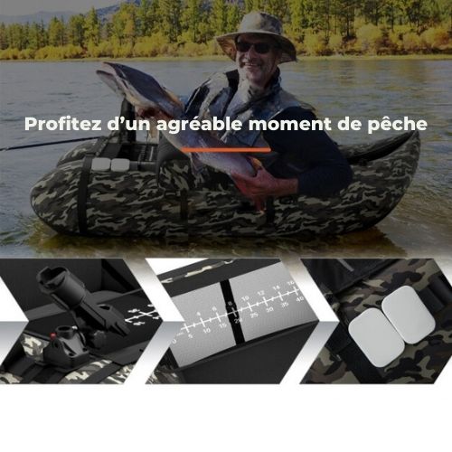 Bateau de pêche gonflable Coast, Support de canne à pêche et dossier réglables, 2 porte-hameçons, 135 x 109 x 54 cm, Motif Camouflage
