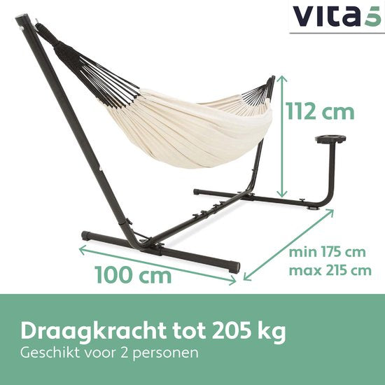 Hamac Vita5 avec support - 2 personnes - Porte-gobelet inclus - 205kg de poids - Beige/White