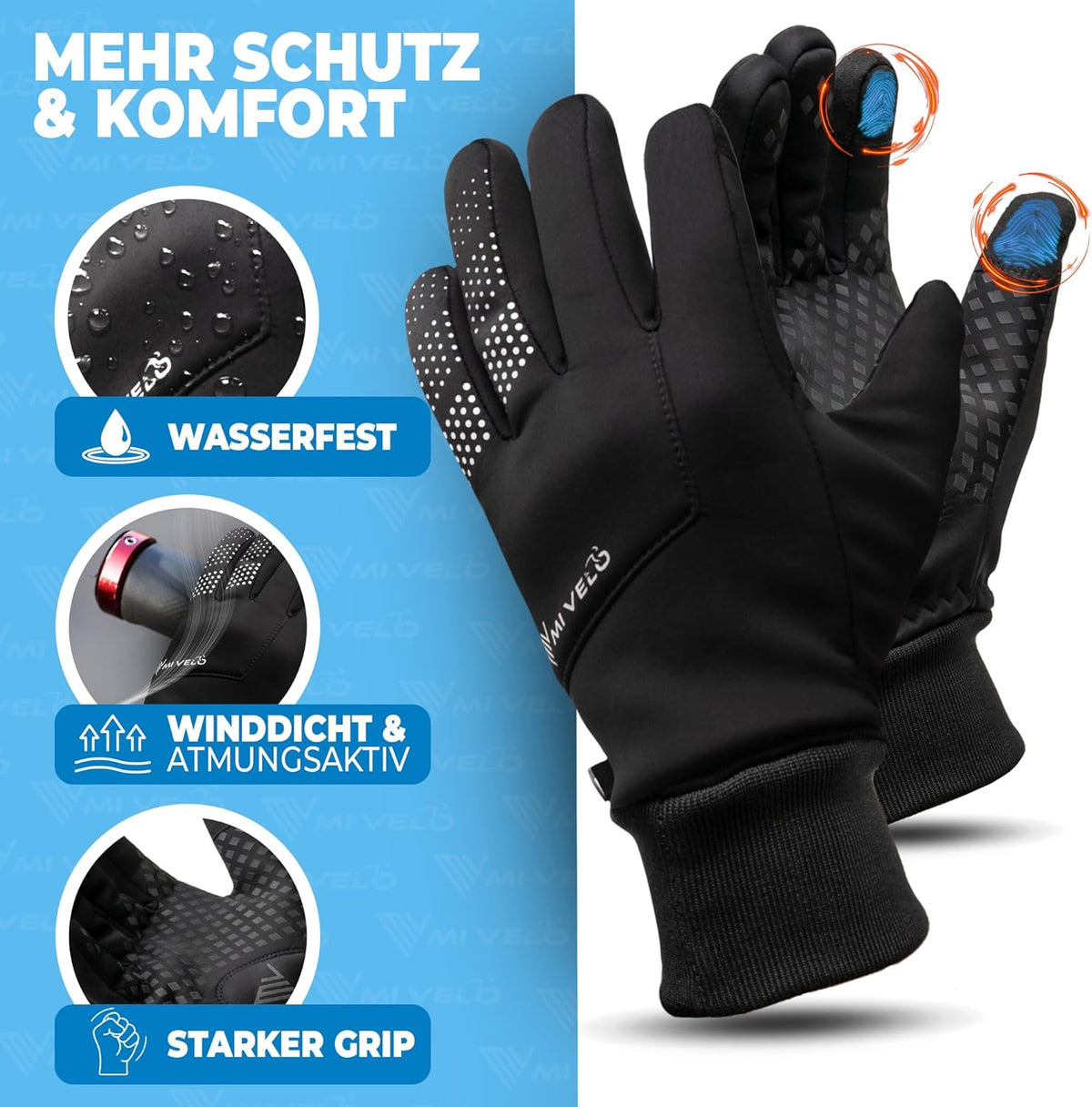 MIVELO Gants de cyclisme VELORIDER - Coupe-vent et imperméable - Fonctionne avec les écrans tactiles - Noir - Taille S