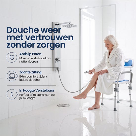 Chaise de douche Truesafe avec dossier et accoudoirs amovibles - Tabouret de douche - Chaise de salle de bain - Antidérapante - Hauteur réglable - Max. 130 kg + sac de douche