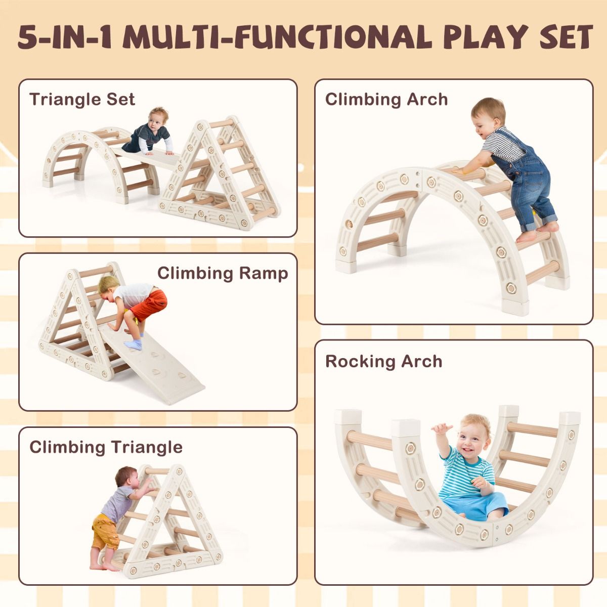 Structure d'escalade Coast Montessori pour enfants - Structure d'escalade en bois 5-en-1 avec arche et échelle double face - beige et café