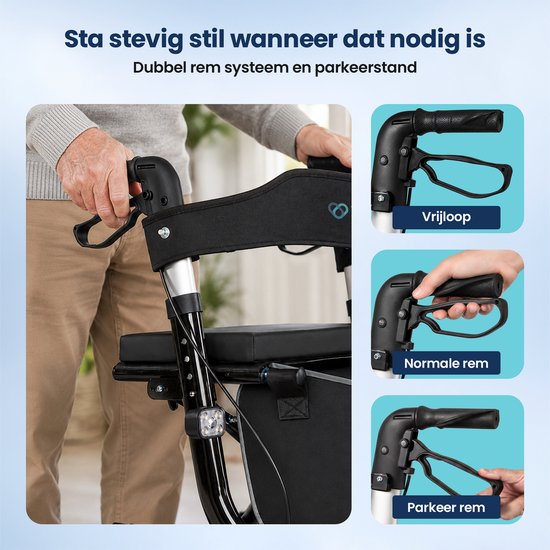 Rollator TrueSafe léger et pliable (6,9 kg) - Pour l'intérieur et l'extérieur - Avec coussin d'assise ergonomique, éclairage, dossier, support pour canne et bien plus encore - Noir