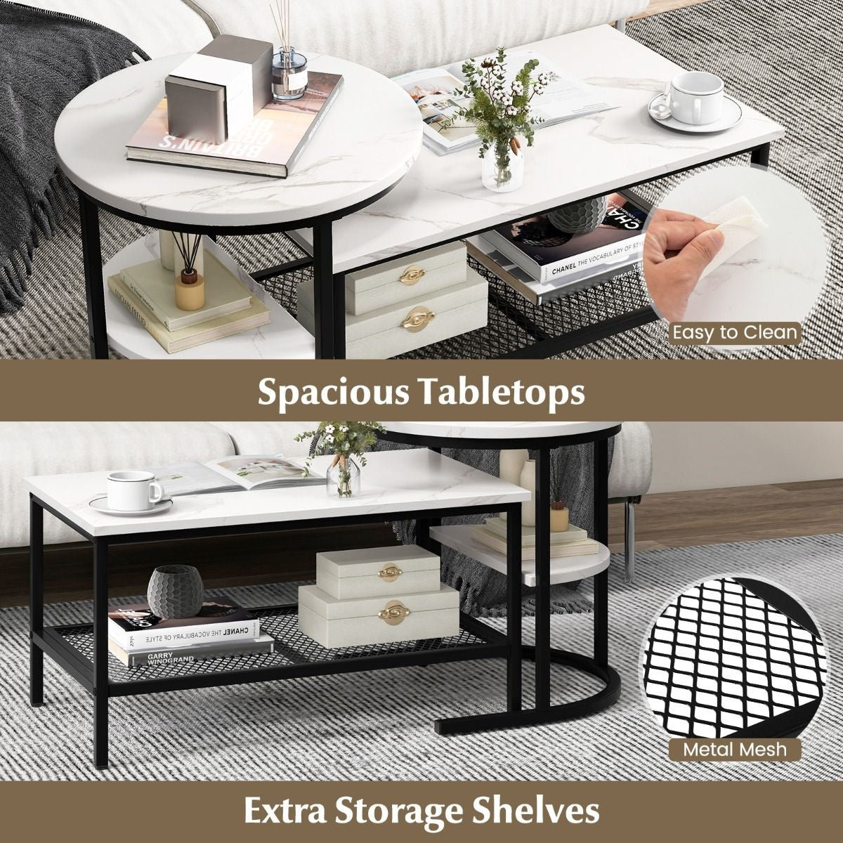 Coast Side Table - Set of 2 - Marble print - White/Black