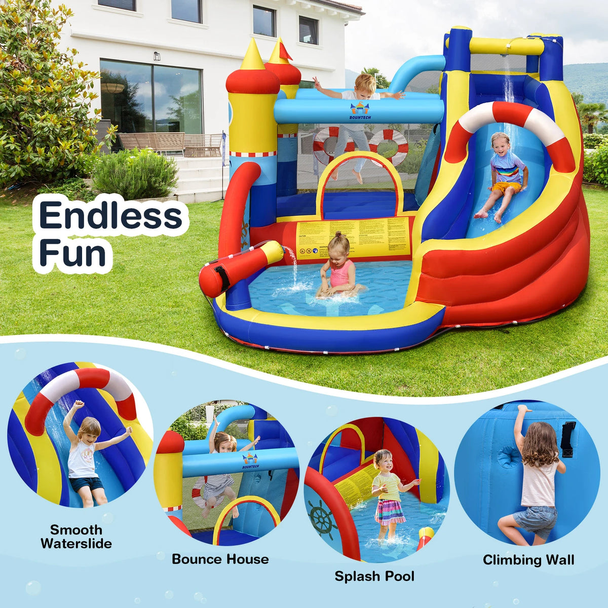 Château gonflable Costway avec soufflerie de 550 W, parc aquatique 6 en 1, comprenant un toboggan, une piscine et un canon à eau