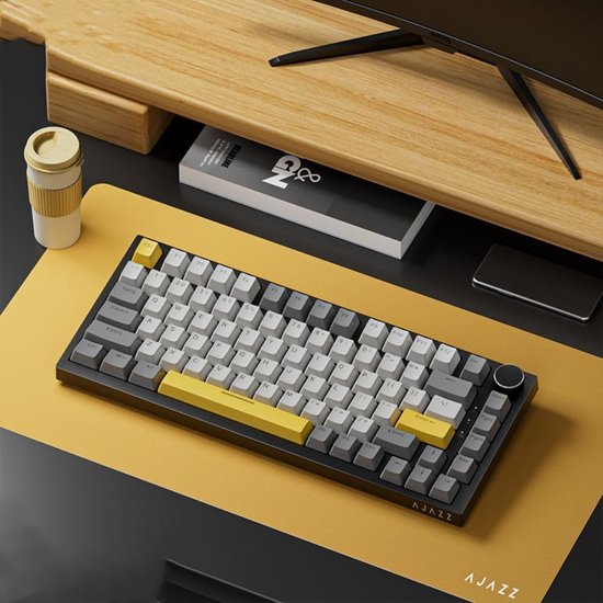 Ajazz AK820 - Clavier gaming RGB filaire à 75 % - Mécanique - Gasket - Hot Swap - Bouton de volume - Claviers QWERTY - 82 touches - Jaune clair de lune