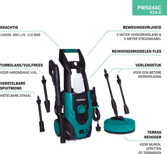 VONROC Nettoyeur haute pression V14-2 - 1400W - 110 bar - 390 l/h - avec tuyau de 5m, bouteille de détergent, nettoyeur de terrasse, etc.