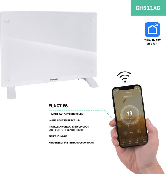 Chauffage électrique - VONROC  - Convecteur avec panneau en verre - 750W/1500W - Jusqu'à 18m2 - Contrôlé par l'application (via Wifi) et manuellement - Blanc