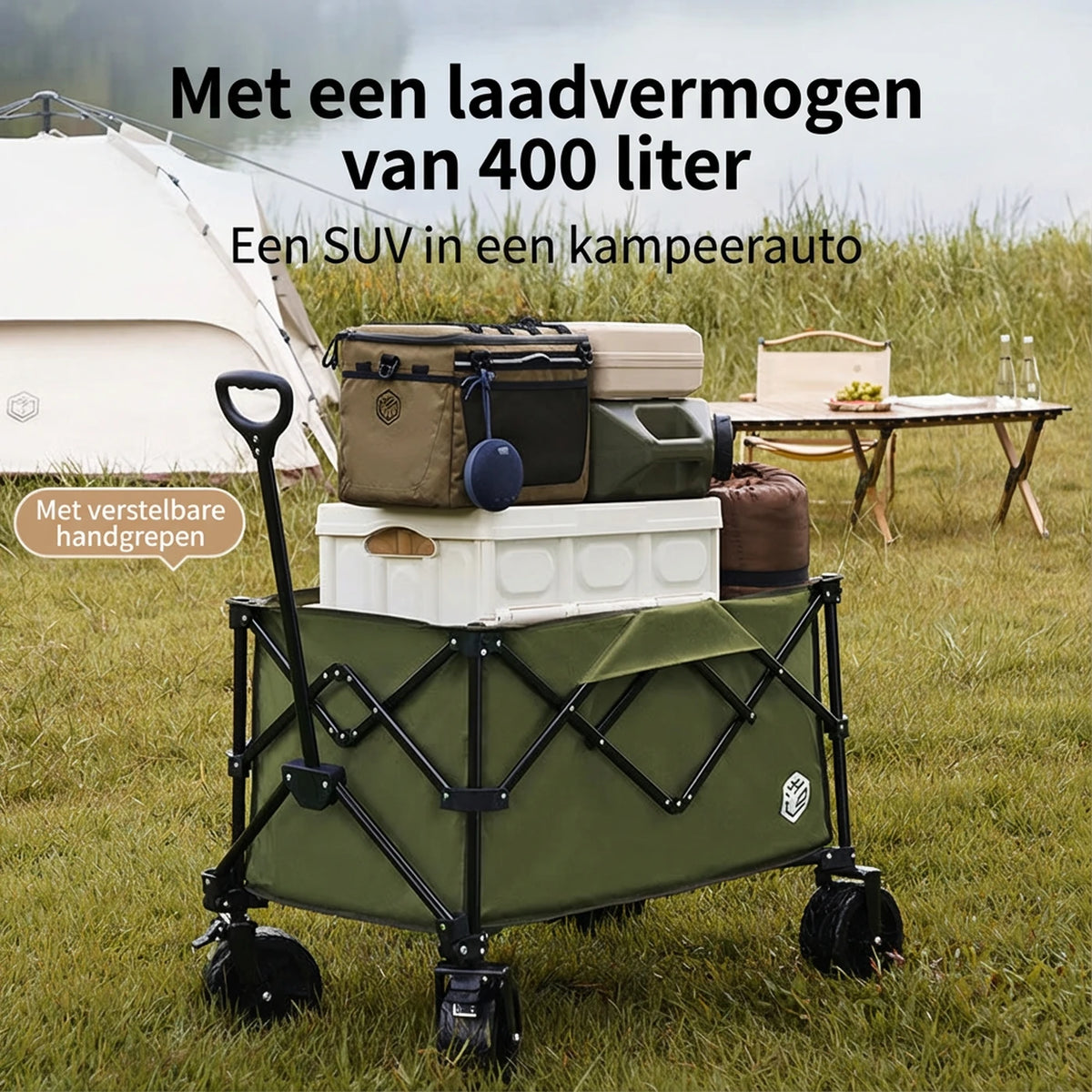 Chariot pliable Ochama - 200 litres - Roues tout-terrain avec double frein - Très grand format - Vert