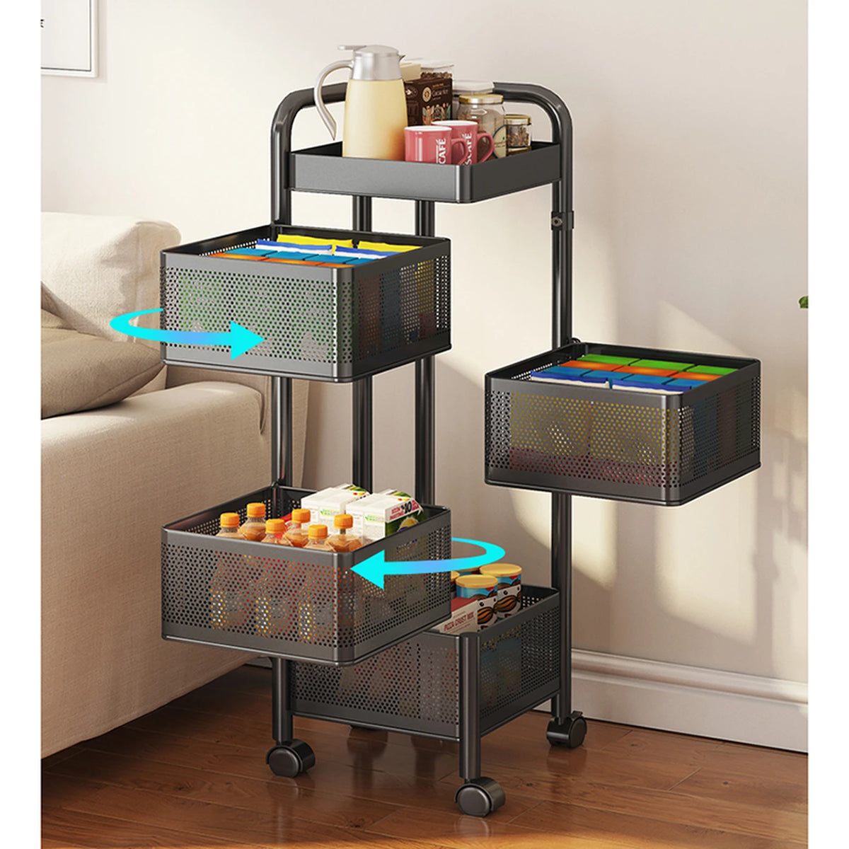 Étagère de rangement rotative Maxcook à 4 niveaux - Chariot sur roulettes - Pivotante à 360° - MCZW0126