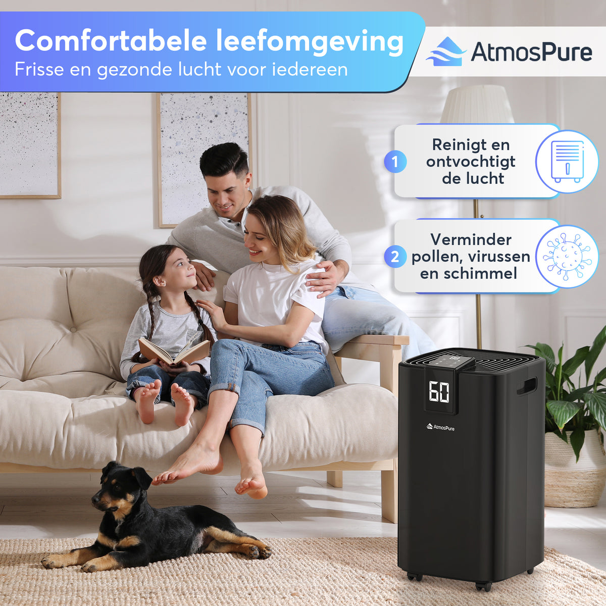 Déshumidificateur AtmosPure® AirDry Elite - 12L par jour - Fonction Lavage-Séchage - Purificateur d'air parfait pour la buanderie, la salle de bain, le salon et la cave - Noir - Déshumidificateur