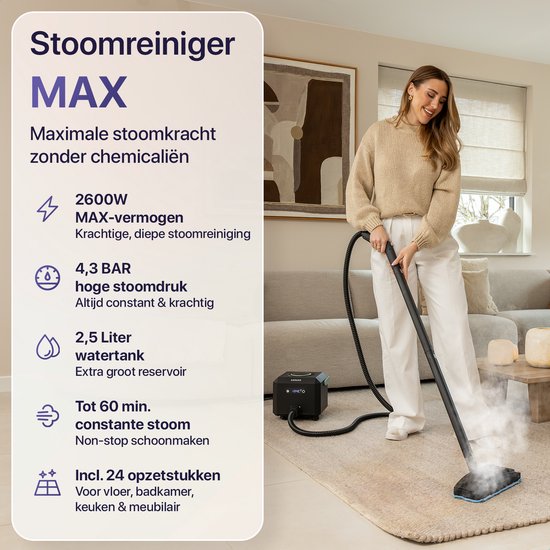 Nettoyeur vapeur LUMAN MAX – 2 600 W - 60 min d'autonomie - Réservoir d'eau de 2,5 L – Nettoyeur vapeur à main et nettoyeur de tapis - Noir
