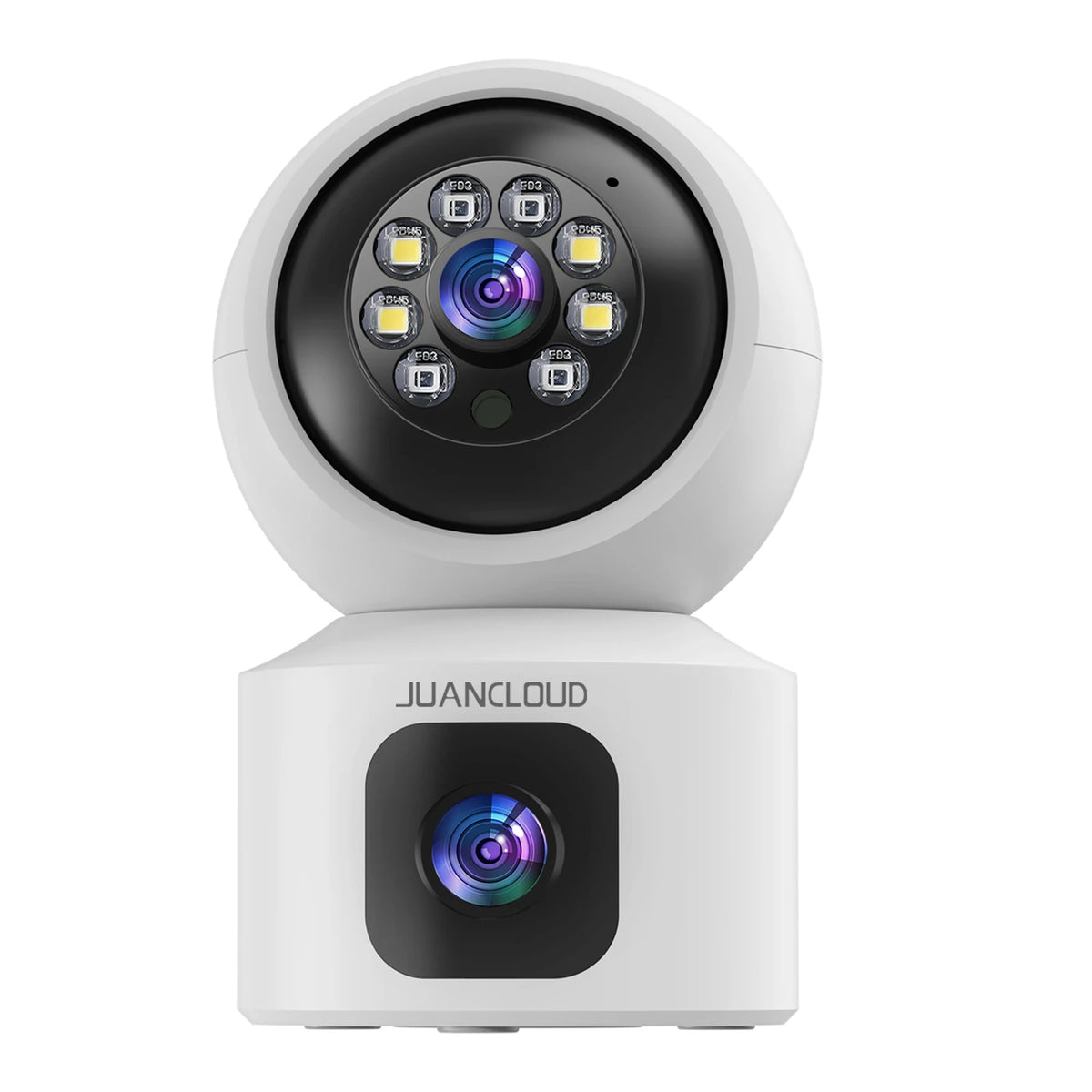 Caméra de sécurité d'intérieur Juancloud à double objectif - 2K Ultra HD avec vision nocturne - Audio bidirectionnel et détection de mouvement par IA - Blanc