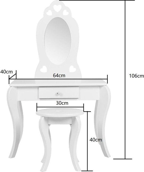 Table de coiffure cœurs enfants - table de maquillage - avec tabouret - blanc