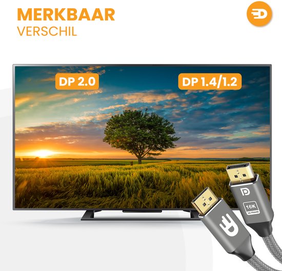 Drivv. Câble DisplayPort 2.1 - 16K 60Hz - 8K 120Hz - 4K 144Hz - 80Gbps - DisplayPort vers DisplayPort - Câble DP - 2 mètres - Gris