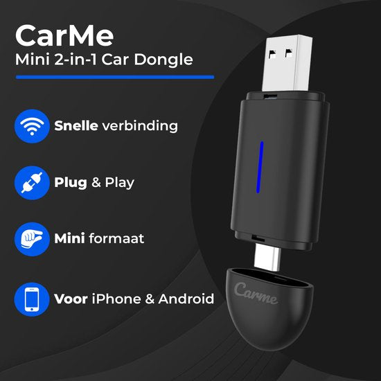 CarMe Mini 2-en-1 pour CarPlay - USB-A et USB-C - CarPlay et Android Auto sans fil - Dongle Android Auto - Noir