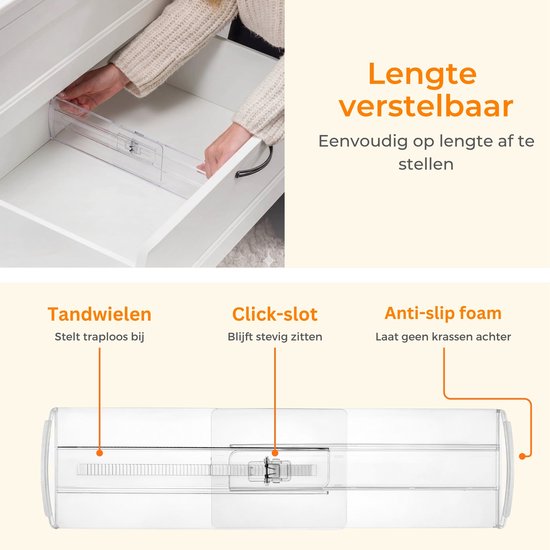 Posity Séparateur de tiroirs - ajustable et extensible - 4 pièces - Organisateur de tiroirs - pour la cuisine, la chambre à coucher et les vêtements - plastique - transparent