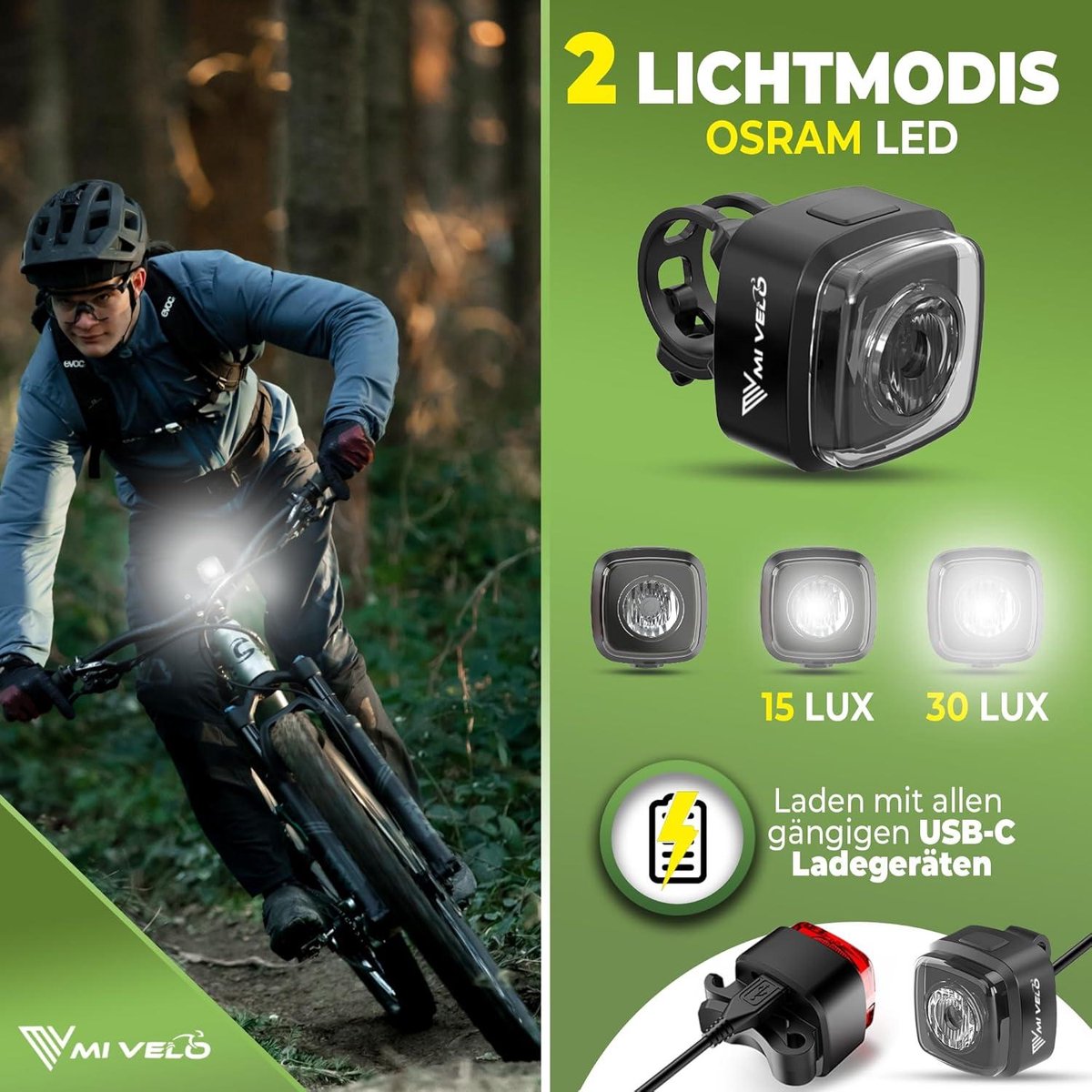 Kit d'éclairage vélo MIVELO avec clignotant - Étanche IPX5 - Feux avant et arrière rechargeables par USB - Noir