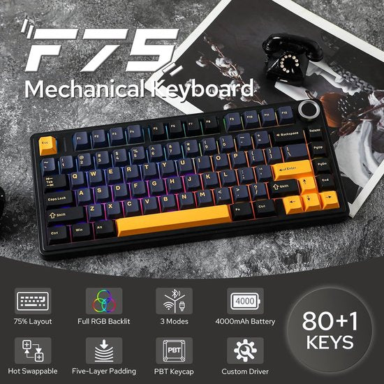 AULA F75 - Clavier gaming sans fil - Mécanique - Gasket - Hot Swap - Claviers QWERTY - Tri-mode - 80 touches - Noir tonnerre