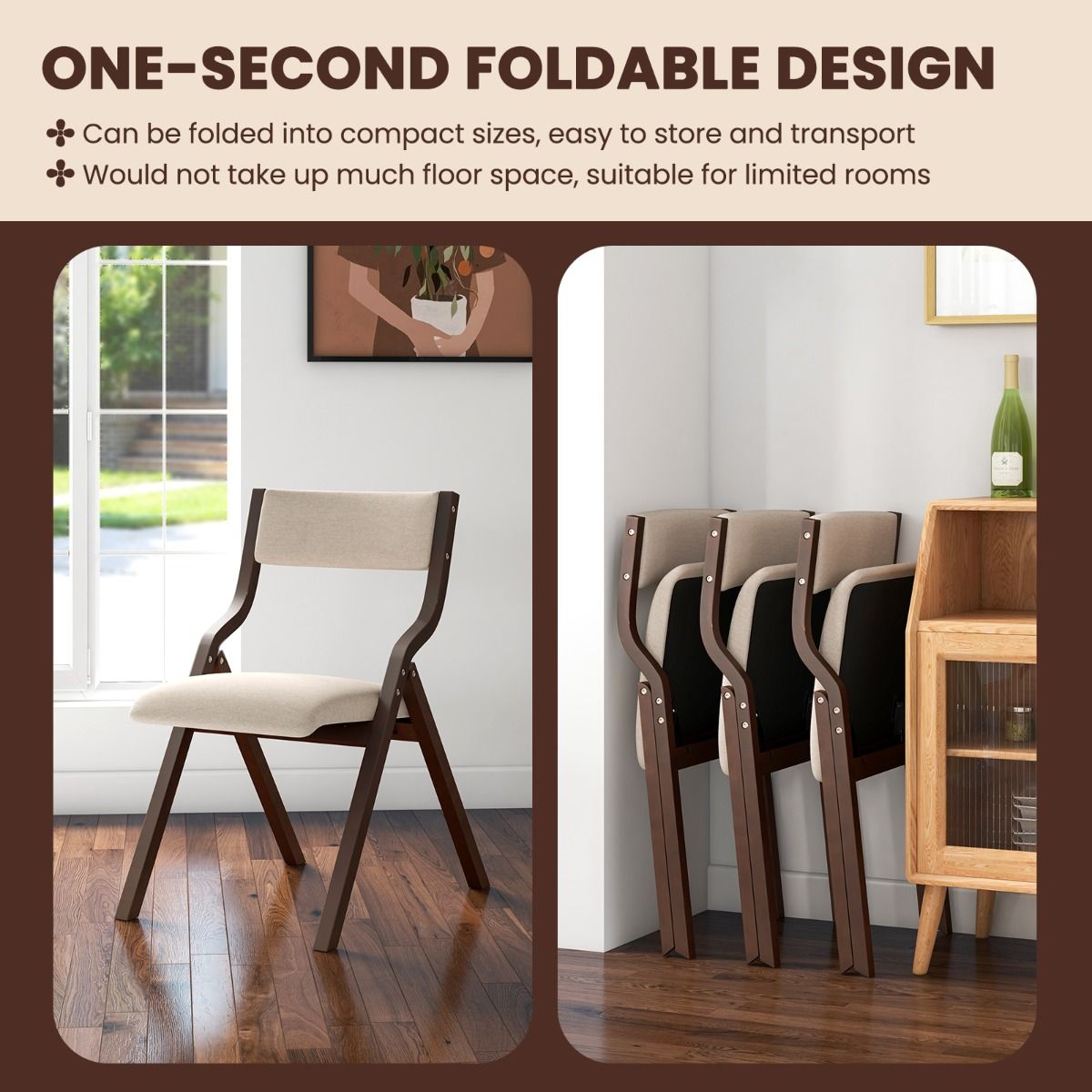 Lot de 2 chaises de salle à manger Coast - Pliantes - Structure en bois massif - Café et beige