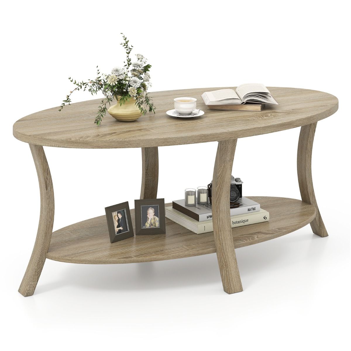 Table basse ovale Coast - 2 niveaux avec espace de rangement - bois d'hévéa et aspect chêne - gris - 111 x 60,5 x 47 cm