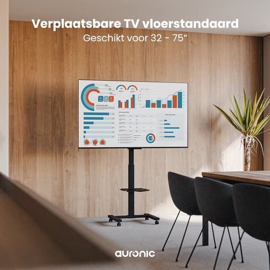 Auronic Pied TV - Mobile - Rotatif - Réglable - Inclinable - Roues avec frein - 32 à 75 pouces - Noir