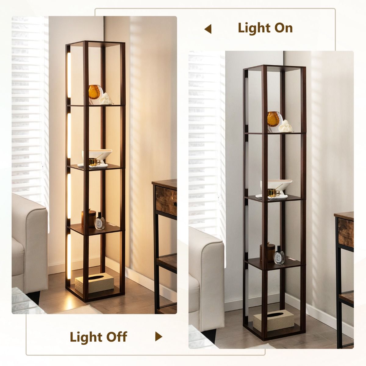 Lampadaire Coast avec étagères de rangement - Éclairage LED à 3 niveaux de luminosité réglables - 4 étagères - marron - 163 cm