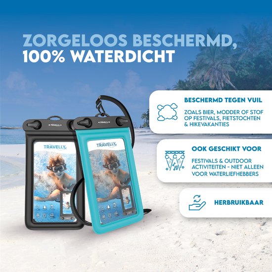 Travelly® Waterproof Phone Case Set of 2 - Universal Underwater Case for Smartphone - Convient à tous les téléphones - Drybag - Pour les vacances, la natation et les sports nautiques - Noir/Bleu