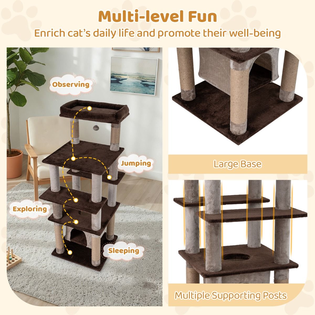 Arbre à chat Coast - plusieurs niveaux - maison pour chat à bascule - panier en peluche - marron - 56 x 56 x 148 cm