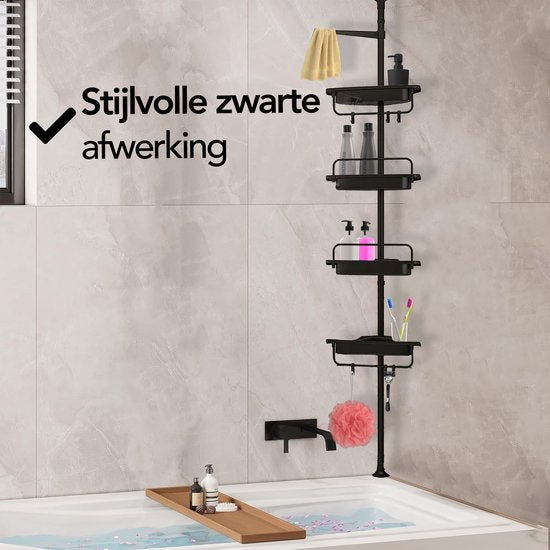 Brixy Support de douche - télescopique - 85-305 cm - sans perçage - du sol au plafond - 4 étagères - 3 crochets - noir