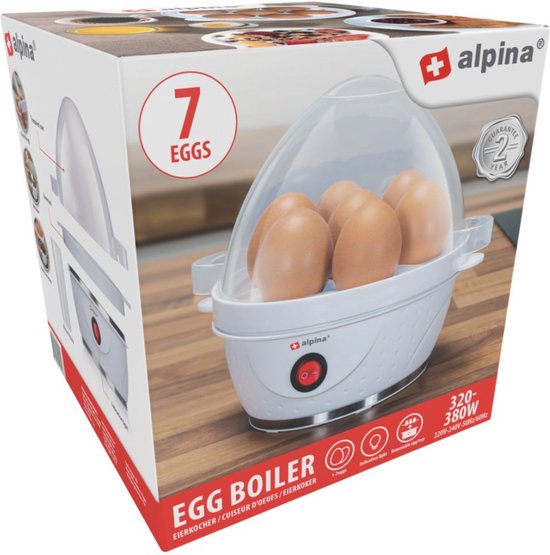 Chaudron à oeufs électrique alpina - Chaudron à oeufs pour 7 oeufs - avec gobelet de mesure, grille à oeufs et pique-oeufs - 230V - 320-380W - Signal d'avertissement - Antidérapant - Oeufs à la coque, moyens ou durs