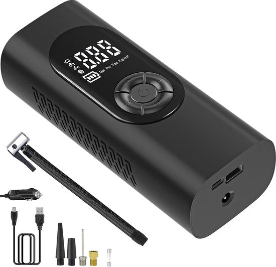 Fuegobird - Pompe électrique 6000 mAh - Pompe à vélo 150 PSI - Pompe à vélo électrique miniature avec LED SOS - Conçue pour les pneus AUTO - Vélos - Vélos électriques - Sports de balle - Inclus 2 tuyaux de gonflage - Noir