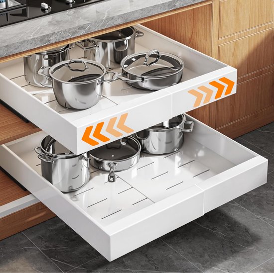 Posity Tiroir coulissant - Organisateur de meuble de cuisine - Organisateur de meuble/tiroir d'évier - tiroir intérieur de cuisine - Extensible et ajustable (43-67 cm) - Télescopique - Blanc