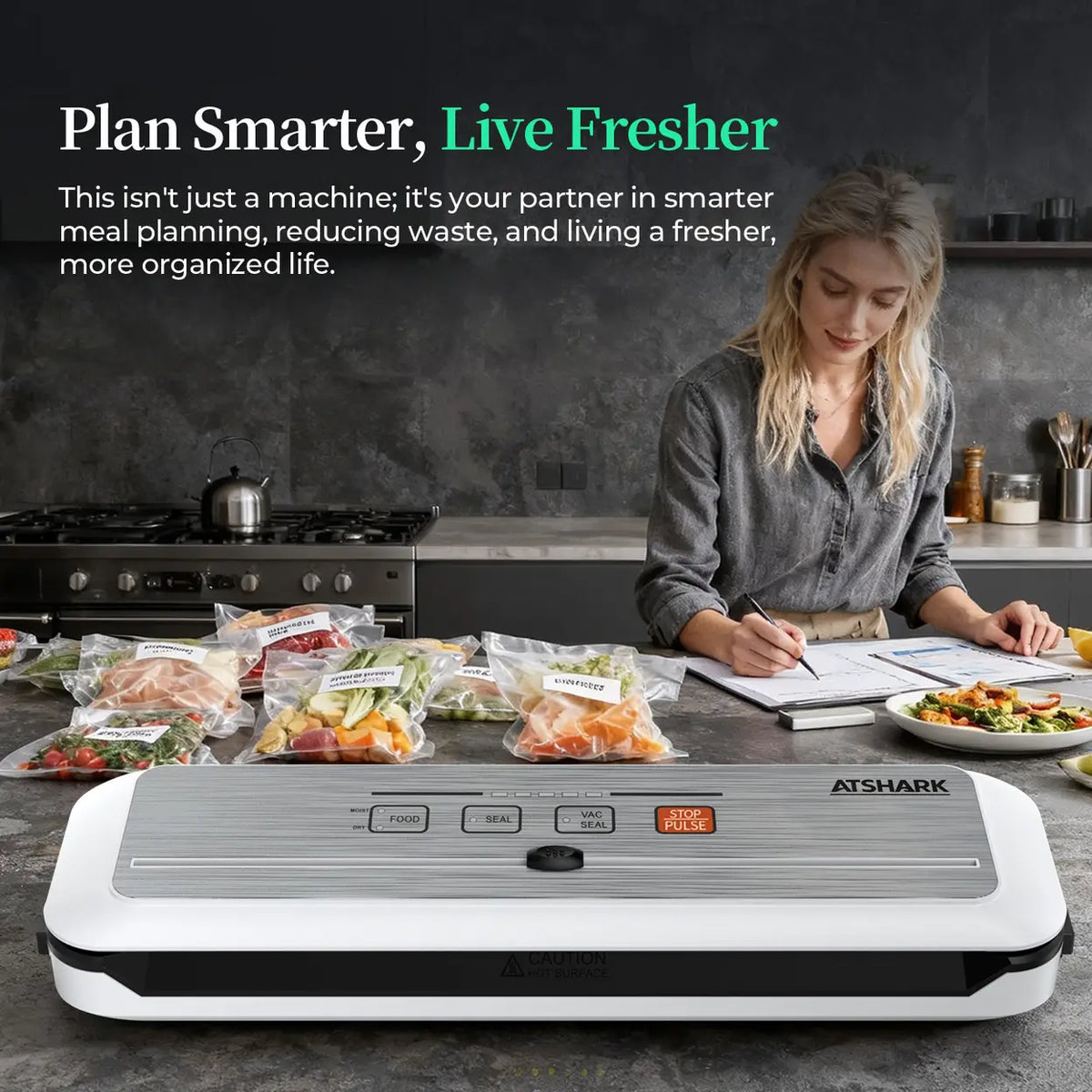 Machine sous vide ATSHARK 5-en-1 – Écran tactile haute pression, rapide et pratique, 50 sachets sous vide inclus, idéale pour la conservation des aliments à la maison, blanche, VS6621