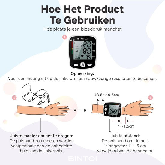 Bintoi® BXE100 - Tensiomètre de poignet - Cardiofréquencemètre - Rechargeable par USB - Étui de rangement inclus - 2 utilisateurs