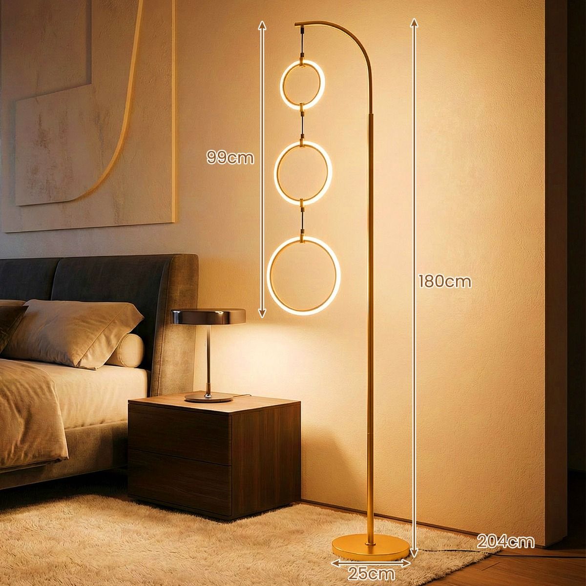 Lampe sur pied Coast - intensité réglable avec interrupteur au pied - 3 anneaux lumineux LED - dorée