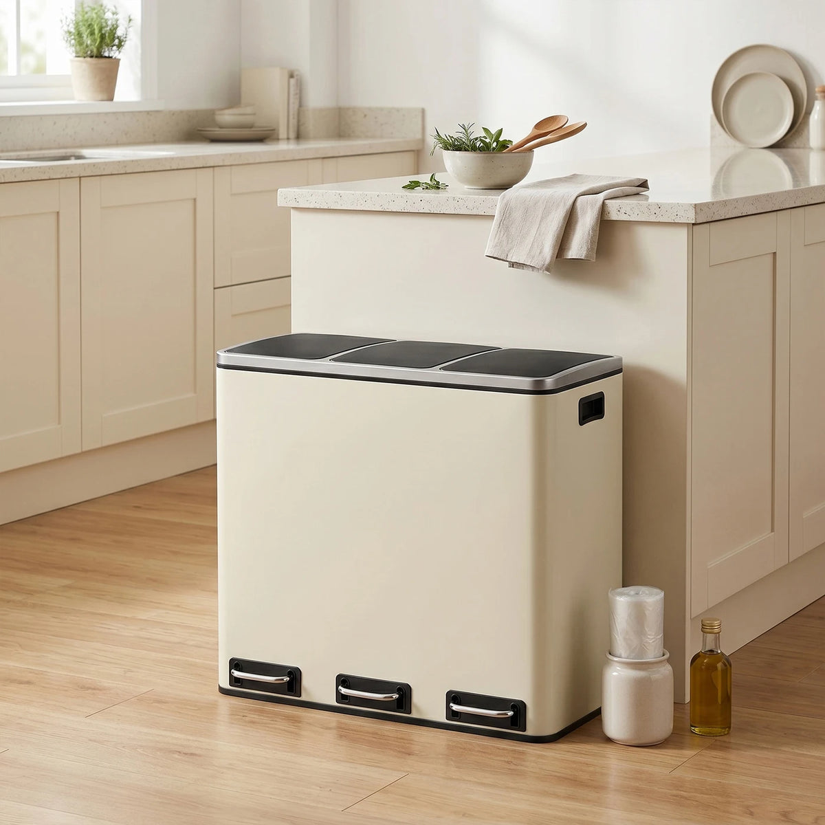 Poubelle Ochama Recycling - 3 x 18 L - À pédale - Acier inoxydable - 61 x 35,2 x 56,4 cm - Beige