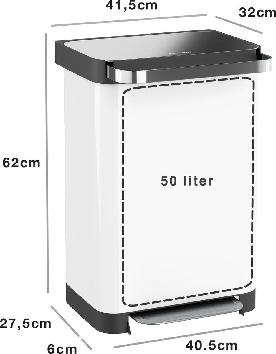 Prullenbak met pedaal - 50 liter - RVS - Wit - Pedaalemmer Homra Pullix - Automatisch Lucht Filter - Odor Control - 50L capaciteit - Soft Close Deksel - Afvalemmer - Met Hengsel - Afval Aandrukken - Design - Hygiënisch