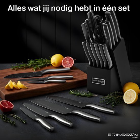 Ensemble de 16 couteaux Erikssøn Kitchen avec bloc à couteaux - Sans BPA ni PFAS - Avec bloc, aiguiseur et ciseaux - Couteaux de cuisine - Couteau de chef - Couteau à viande - Résistant aux rayures - Acier inoxydable 3Cr13 - Noir
