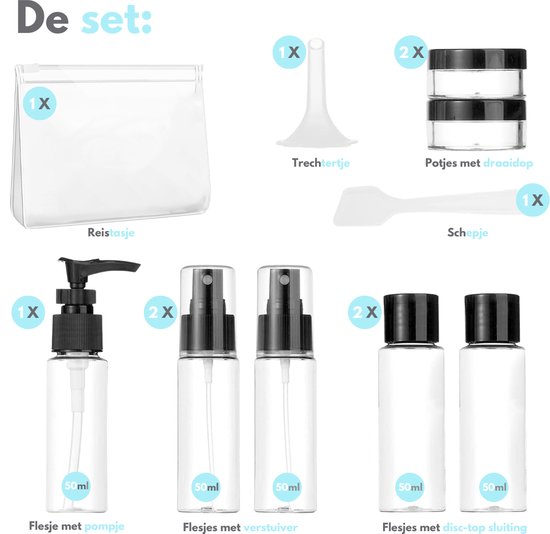 VAIVE Travel Bottles Hand Luggage 9-Piece - Accessoires de voyage - Bouteilles de voyage - Pots cosmétiques - Bouteilles de voyage - Emballage de voyage - Set de voyage