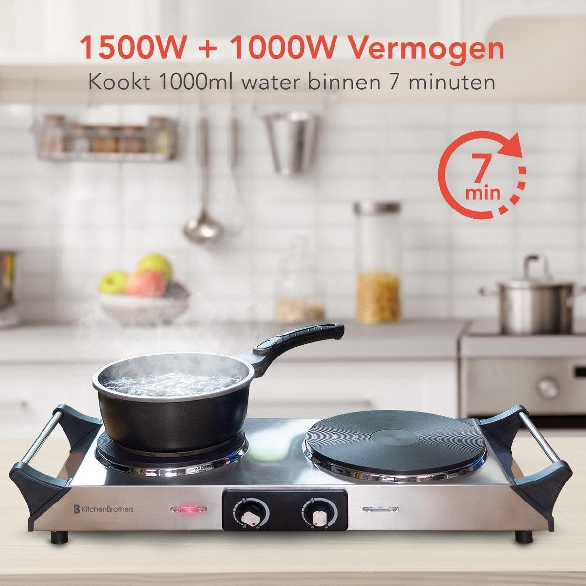 KitchenBrothers Table de cuisson électrique - 2 brûleurs - 2500W - inox