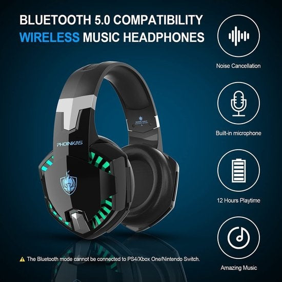 PHOINIKAS G2000 BT Bluetooth Laptop Gaming headset with microphone Over-ear Headphones -Noir