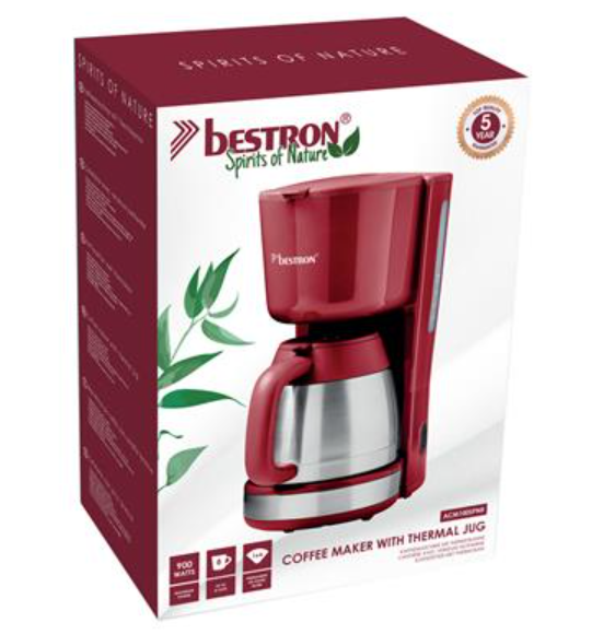 Cafetière Bestron ACM100SPNR – 8 tasses – 1 L – 900 W – Rouge – 33,7 × 27 × 16,5 cm