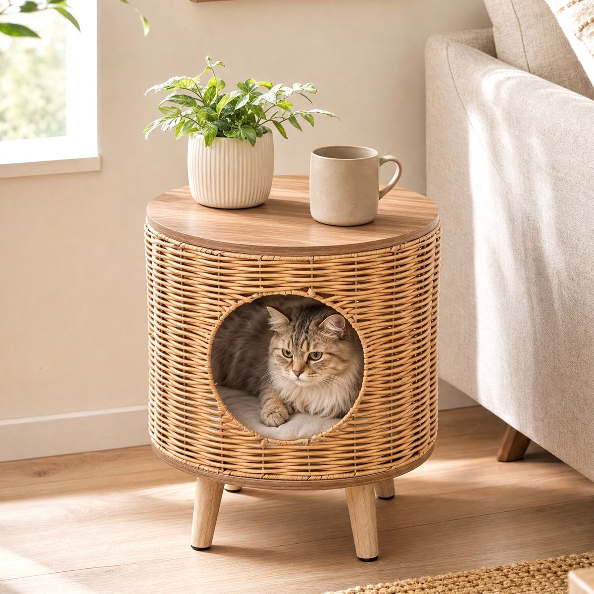 Coast Maison pour chat avec structure en rotin - coussin amovible - sur pieds - couleur naturelle - 36 x 41 cm