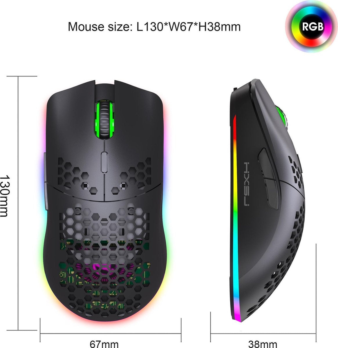 HXSJ T66 Souris de jeu sans fil 2.4G - Ultra légère - Eclairage RGB - Noir